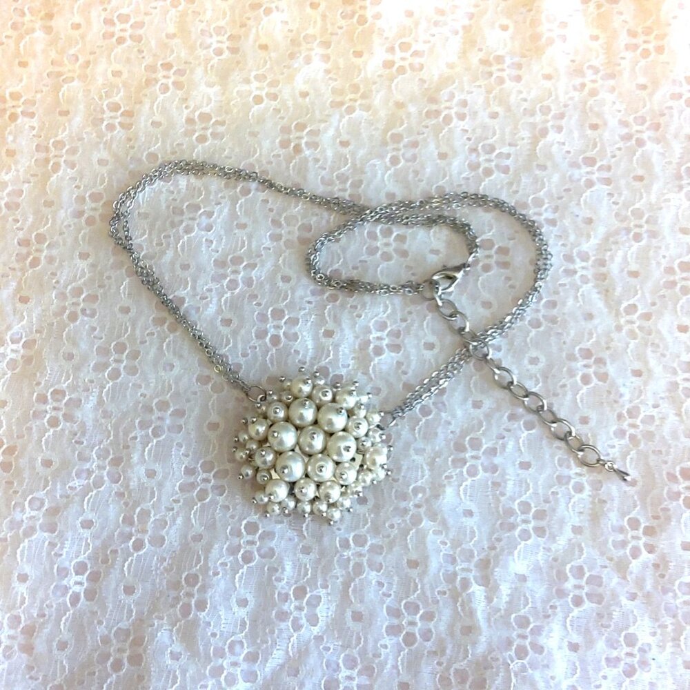 Vintage NEW True Handmade Pearl Pendant VTG Double Silver Tone Necklace
